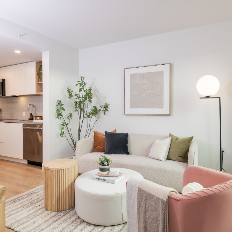 Staged living room at The Hyland. Rent with Minto Apartments.